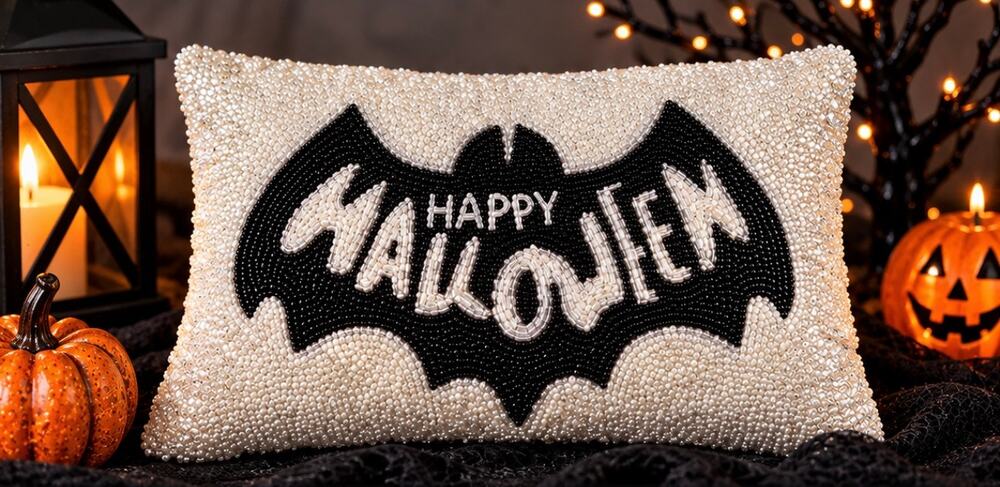 Happy Halloween Beaded Pillow Bat 10x14" Black White Decor Rectangle Space